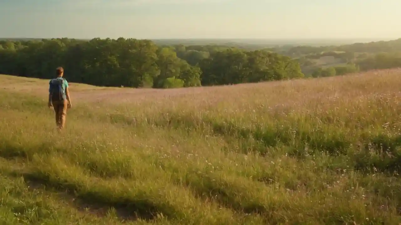 Silueta solitaria en campo ondulado y distante