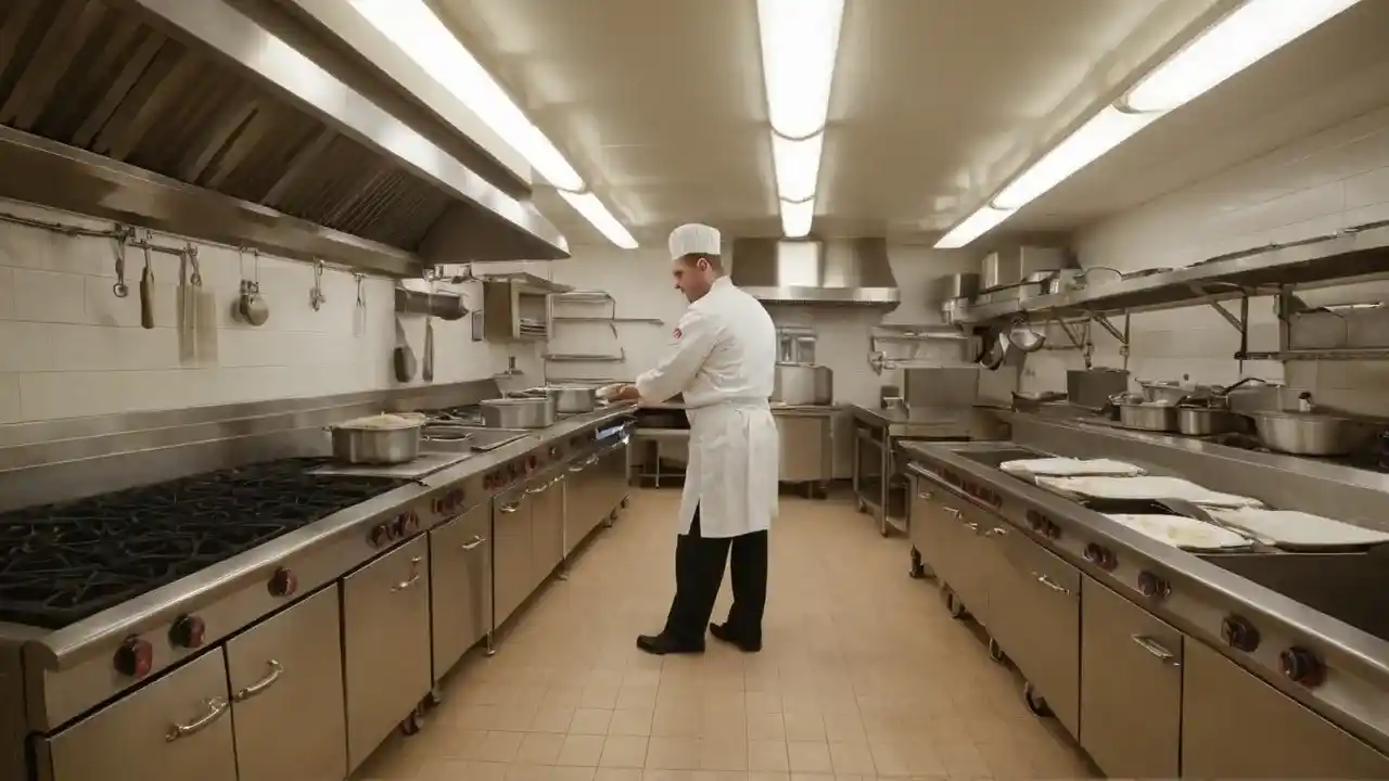 Cocina comercial, luz natural y textura
