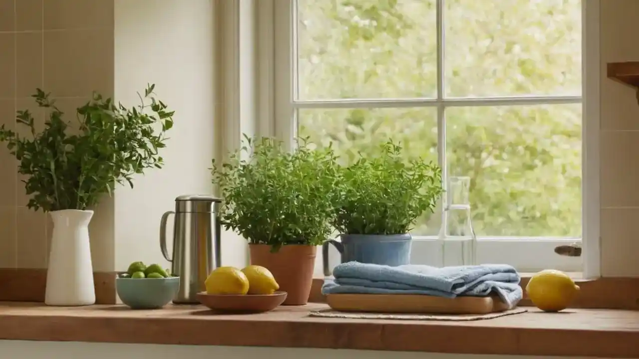 Luz cálida ilumina cocina rústica serena