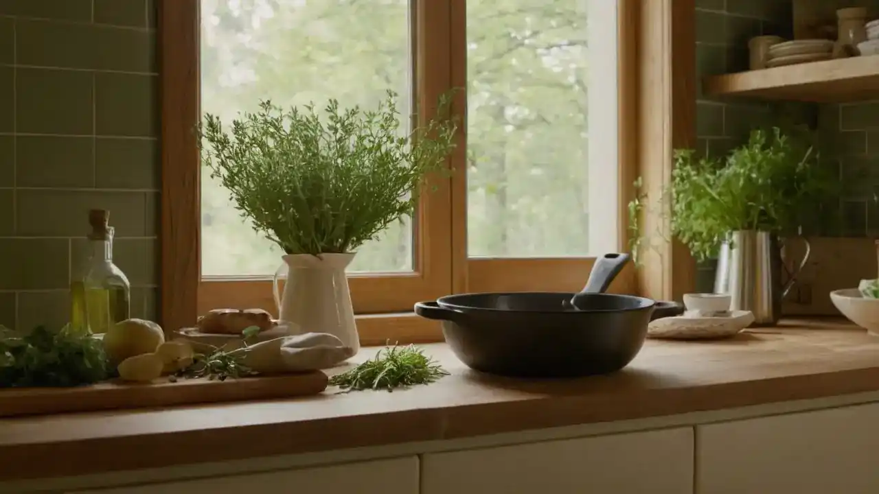 Cocina cálida, luz natural, ambiente tranquilo