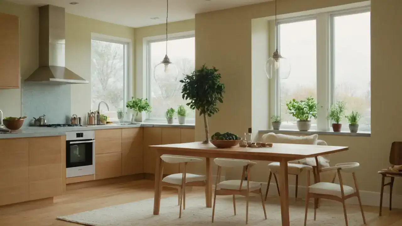Luz cálida ilumina cocina serena y tranquila