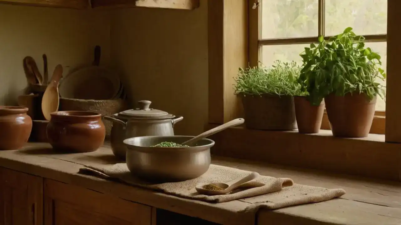 Arroz humeante, cocina tranquila y cálida