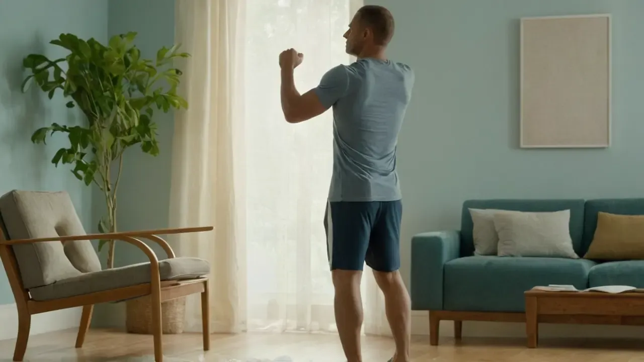 Hombre ejercita en hogar luminoso