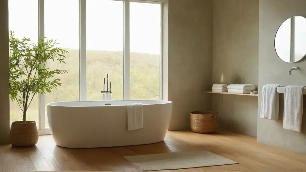 Baño tranquilo, luz y piedra cálida