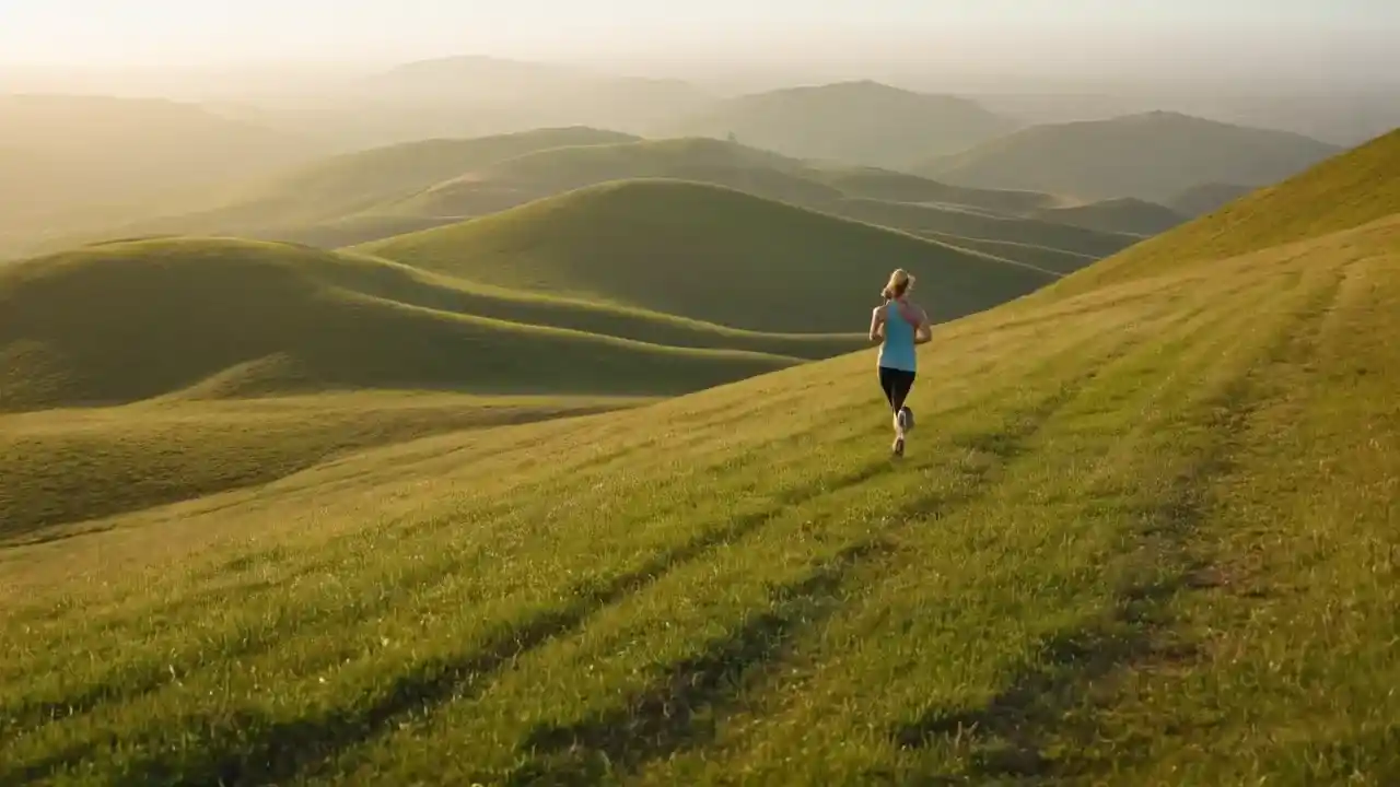 Corredor solitario en paisaje sereno y amplio