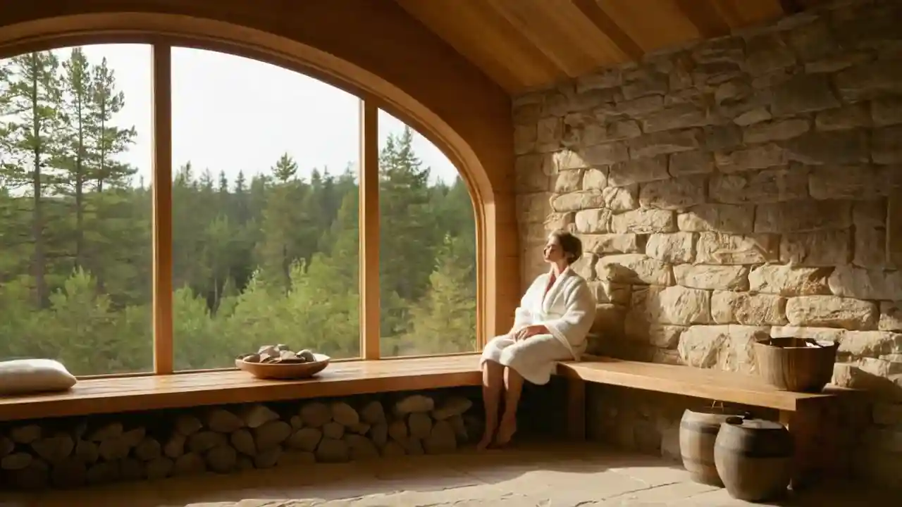 Sauna tranquila, luz natural y relajación