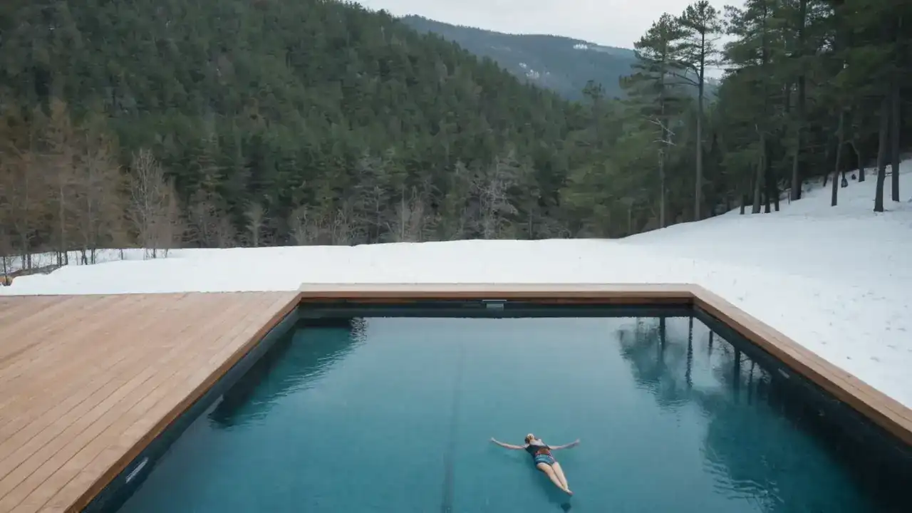 Invierno sereno: piscina, nieve, reflejos