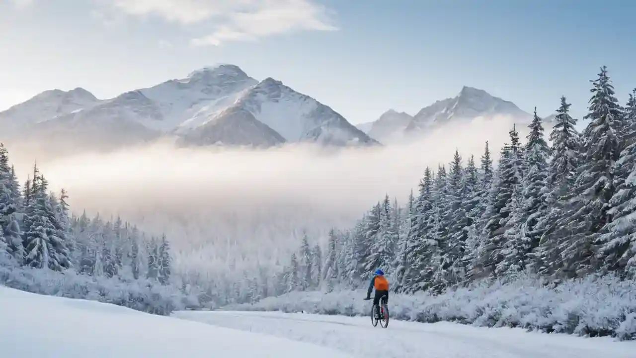 Ciclista solitario en invierno invernal extenso