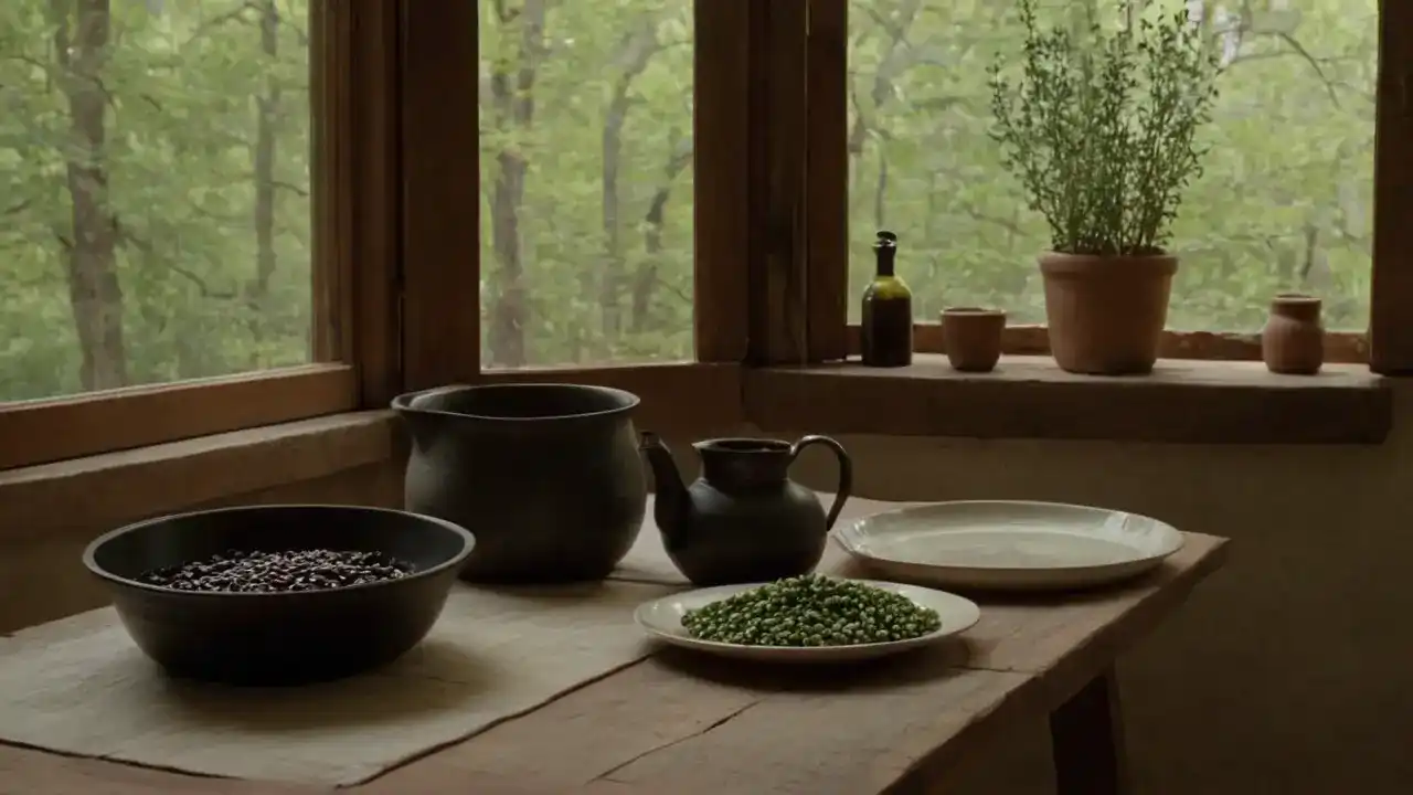 Luz cálida revela cocina rústica tranquila