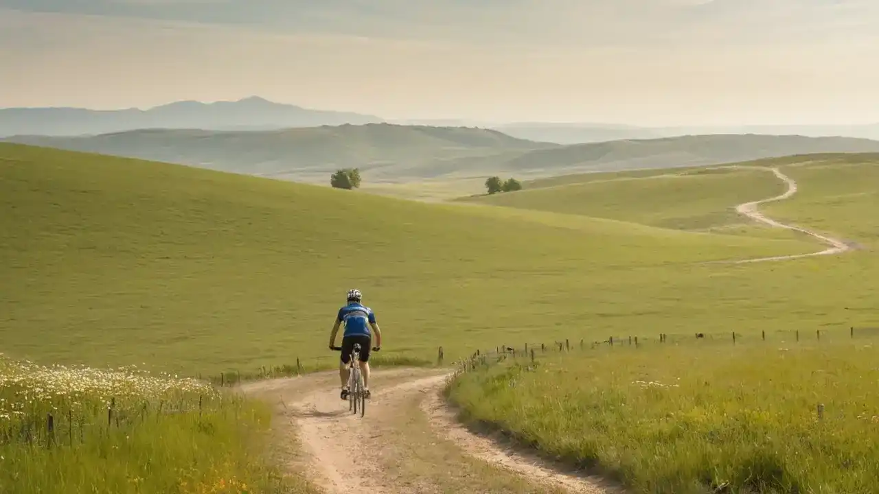 Ciclista en campo, luz y distancia