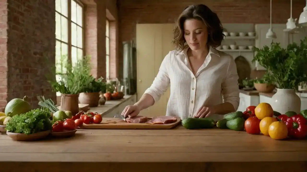 Luz cálida, frutas, y un corte realista