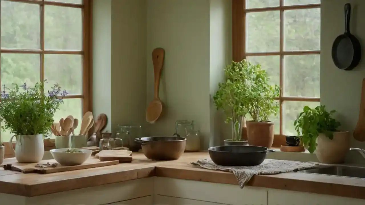 Luz cálida ilumina cocina rústica y tranquila