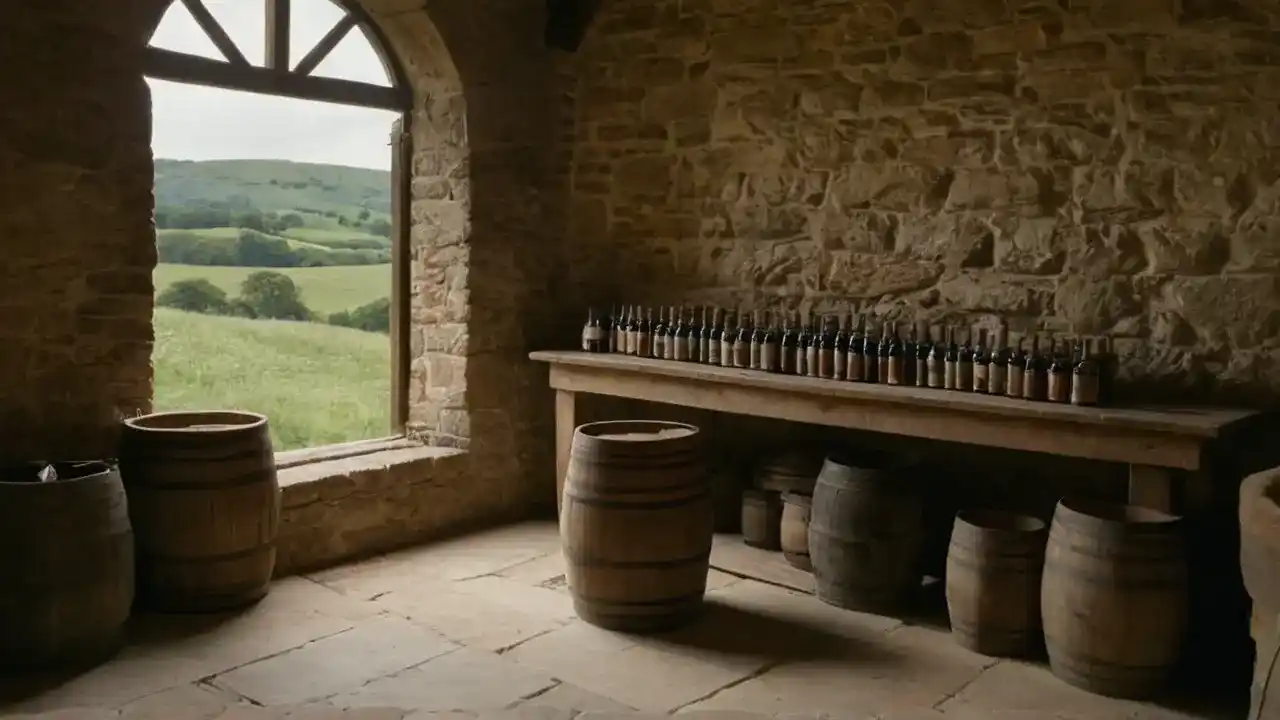 Luz cálida, destilado, ambiente rural tranquilo