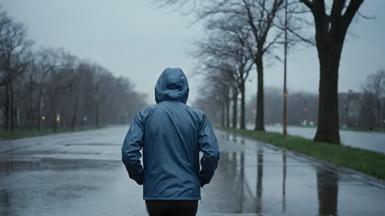 Lluvia, sombras, y figura solitaria corriendo