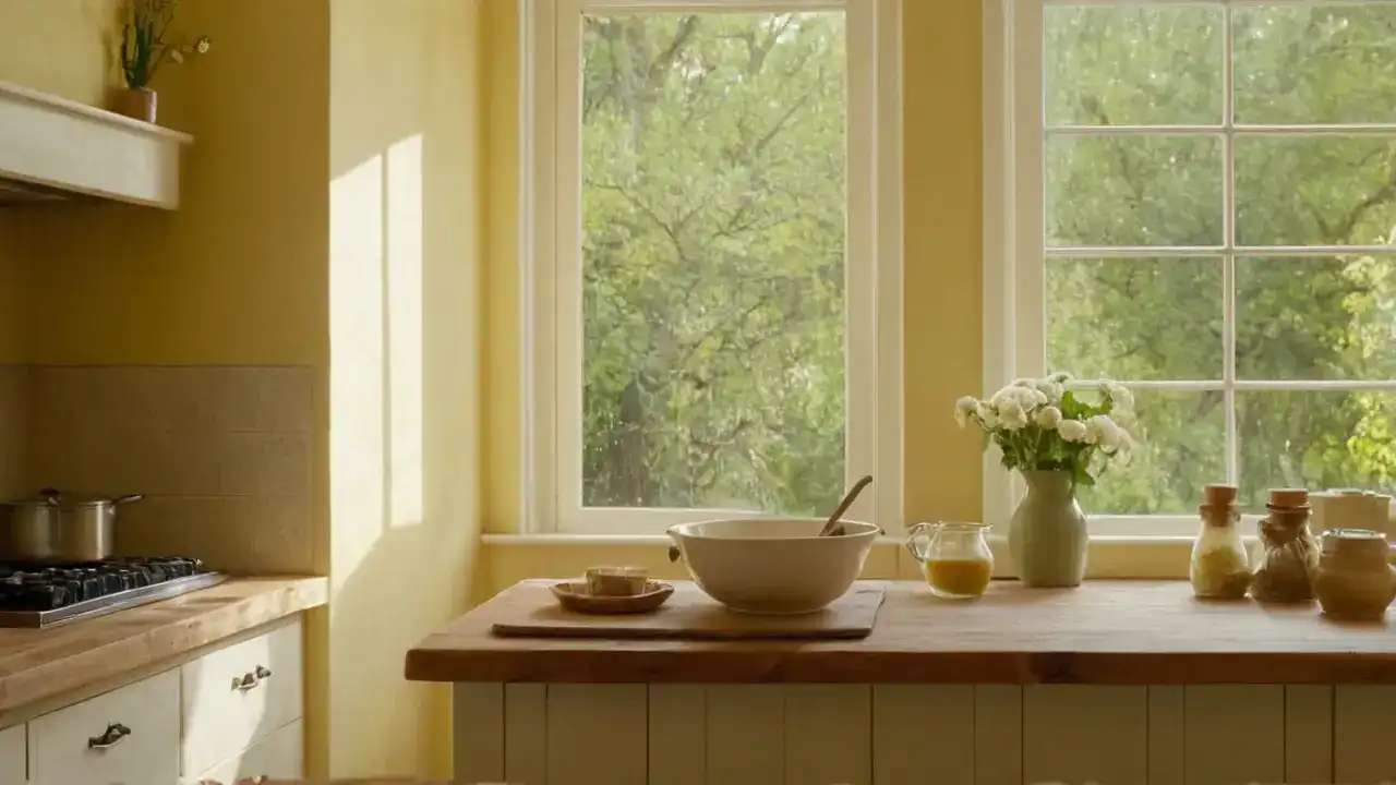 Luz cálida, cocina tranquila, crepe suave