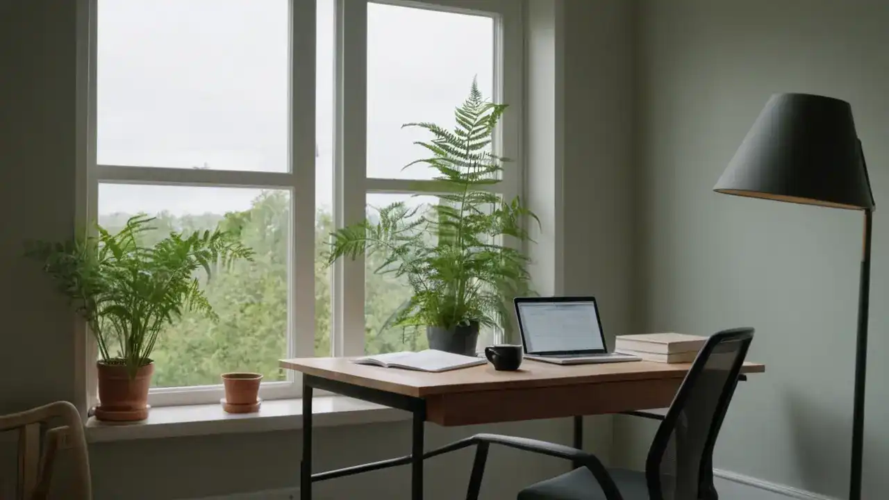 Un estudio tranquilo, luz natural, realismo