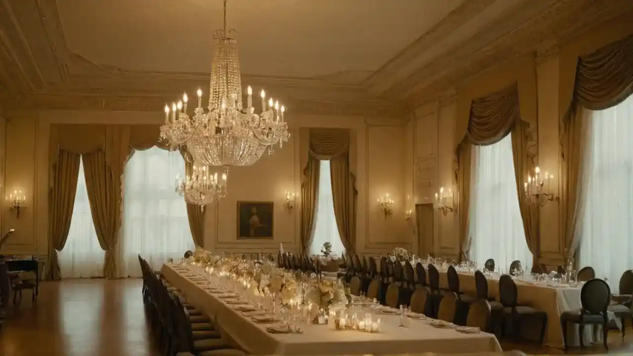 Ballroom elegante, luz cálida y misteriosa