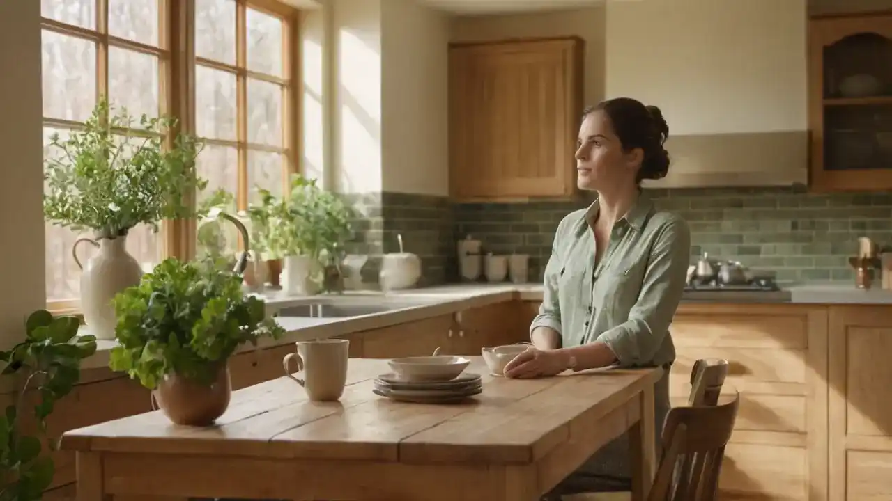 Luz cálida, cocina tranquila y serena