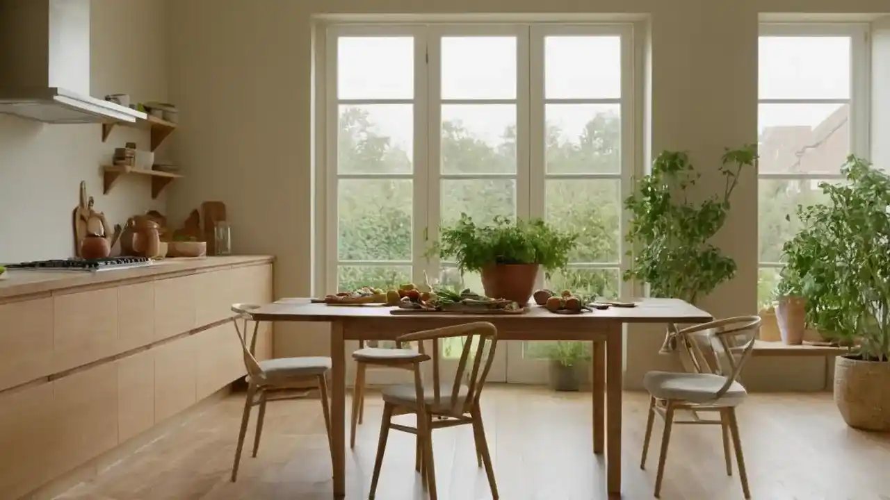 Luz cálida ilumina cocina moderna serena