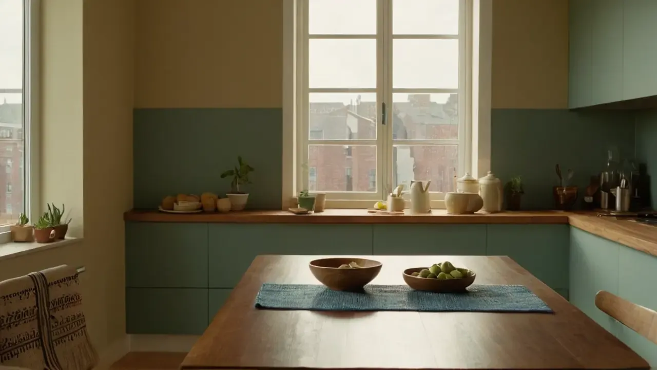 Luz cálida ilumina cocina minimalista y tranquila