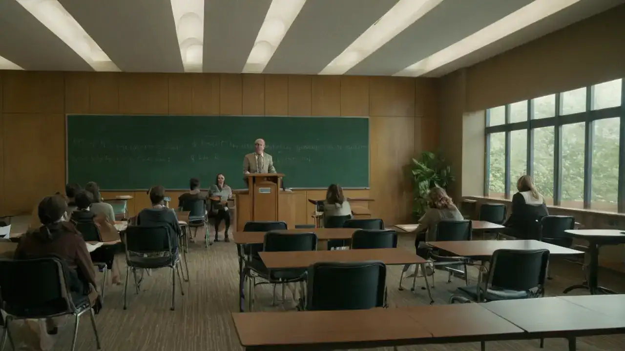 Aula iluminada, realismo detallado y estudiantil