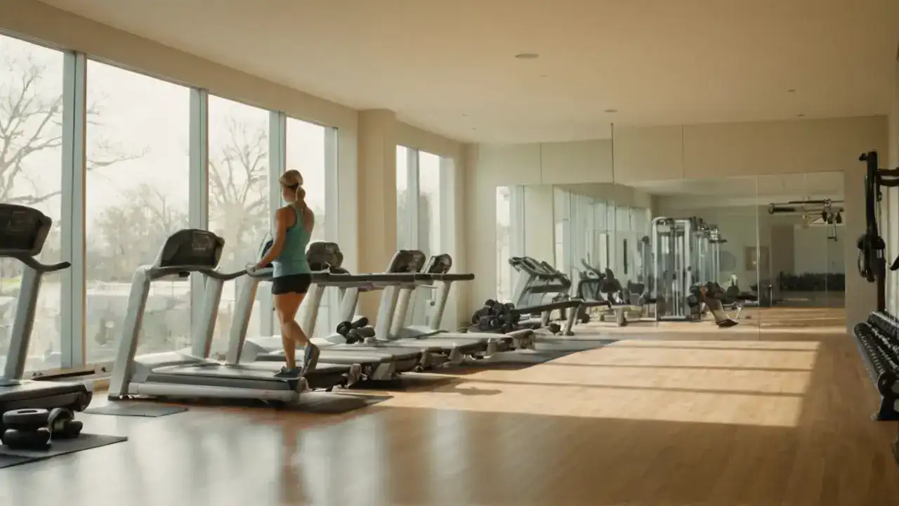Gimnasio brillante, movimiento, reflejos y calma