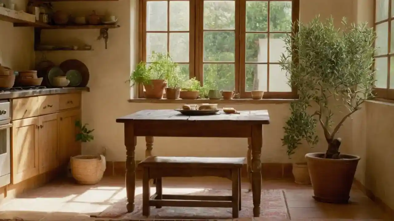 Luz cálida, cocina rústica y calma