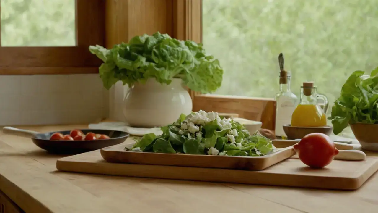 Luz cálida ilumina cocina rústica y ensalada