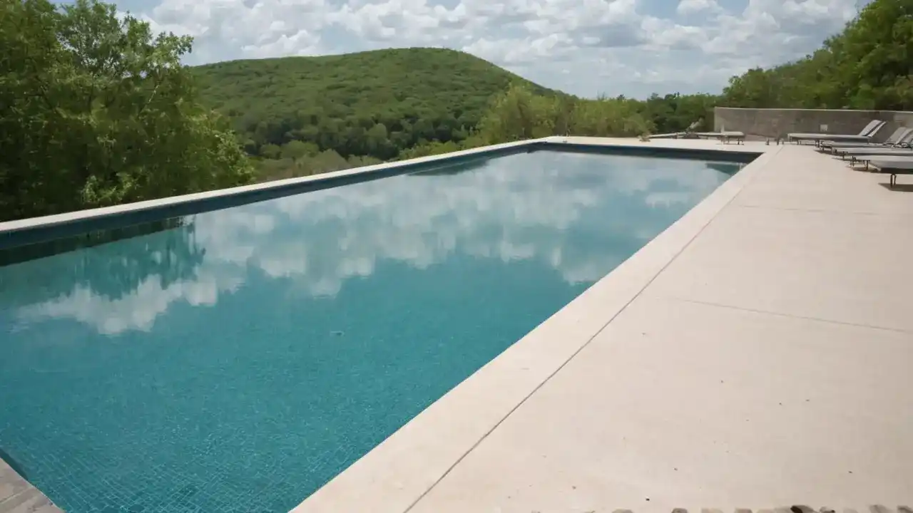 Piscina tranquila, reflejos y luz natural
