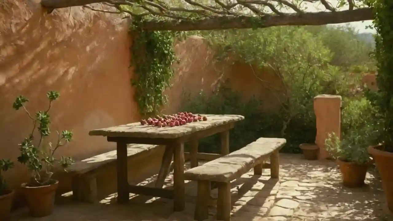 Luz cálida ilumina un patio rústico