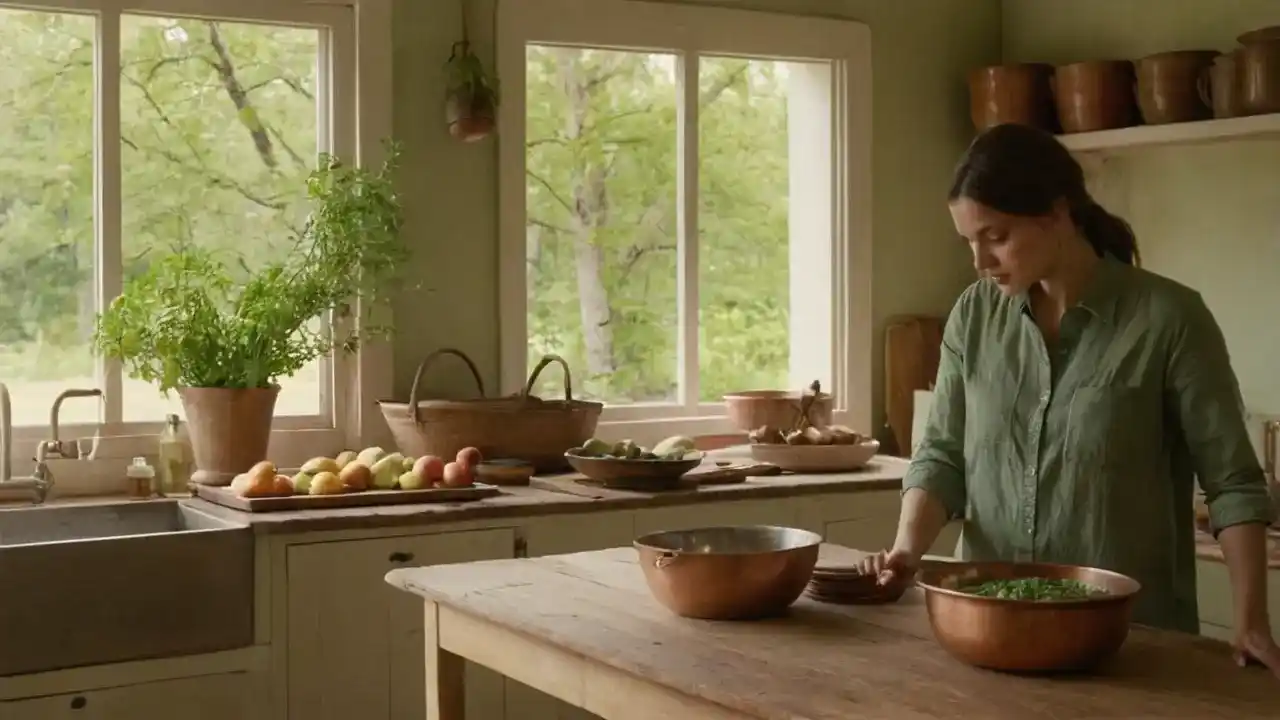Luz cálida, rusticidad y quietud en la cocina