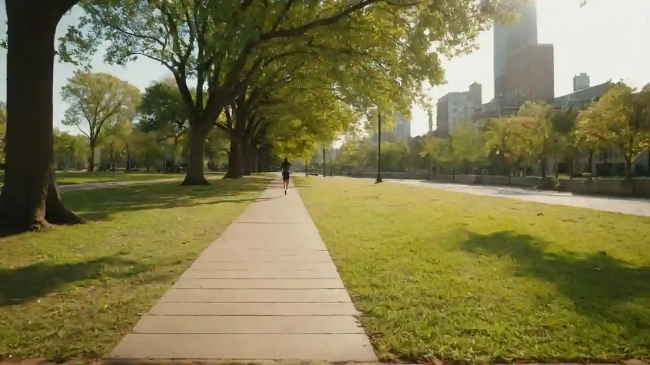 Parque urbano, luz suave, movimiento tranquilo