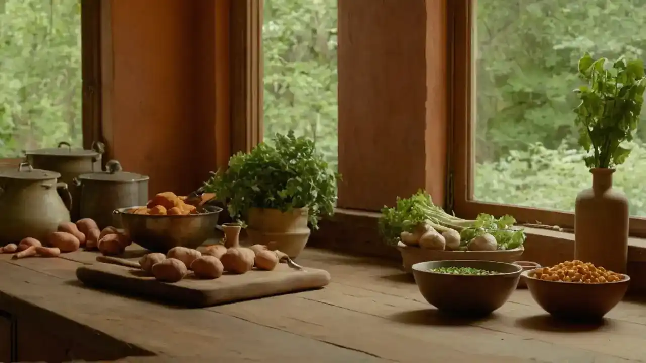 Luz cálida, cocina rústica y preparación