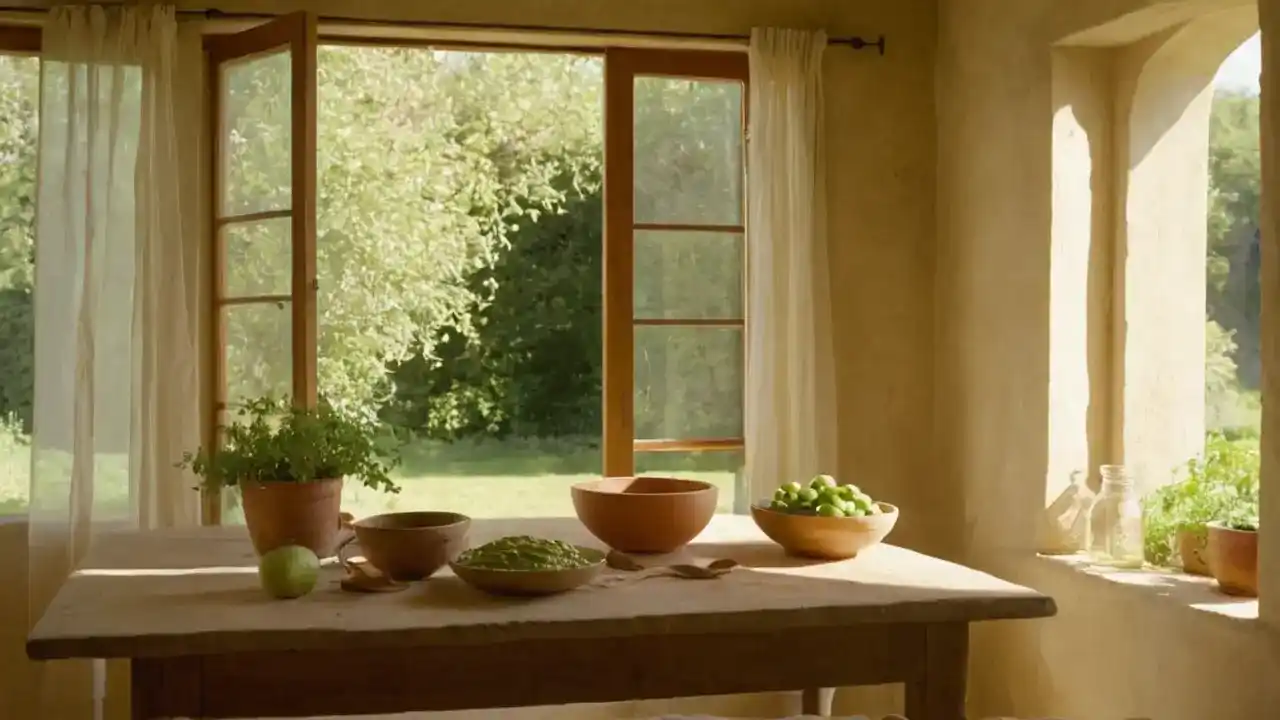 Luz natural ilumina cocina rústica serena