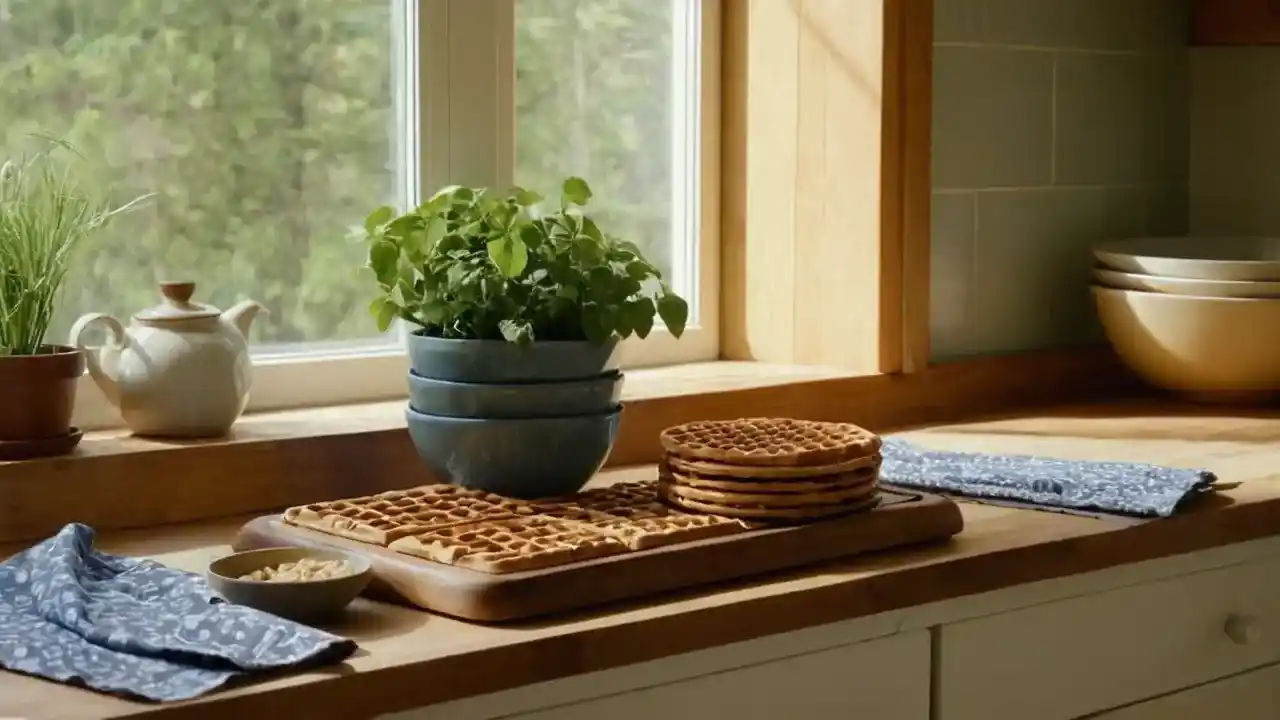 Luz cálida, waffles, cocina acogedora