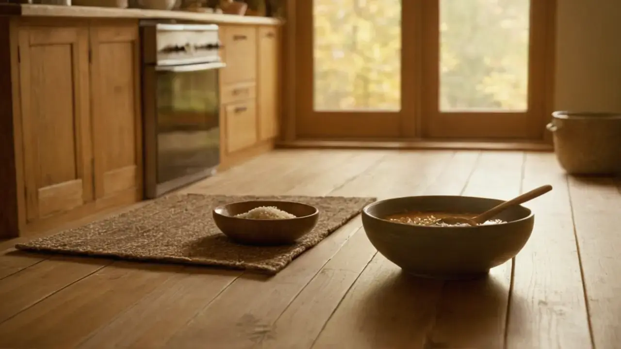 Luz cálida revela cocina rústica y paz