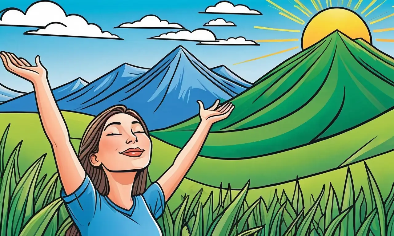 Una mujer meditando en paz bajo un cielo azul y soleado