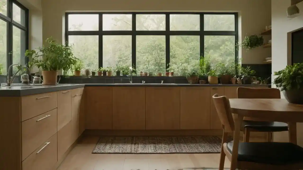 Luz cálida ilumina cocina moderna serena