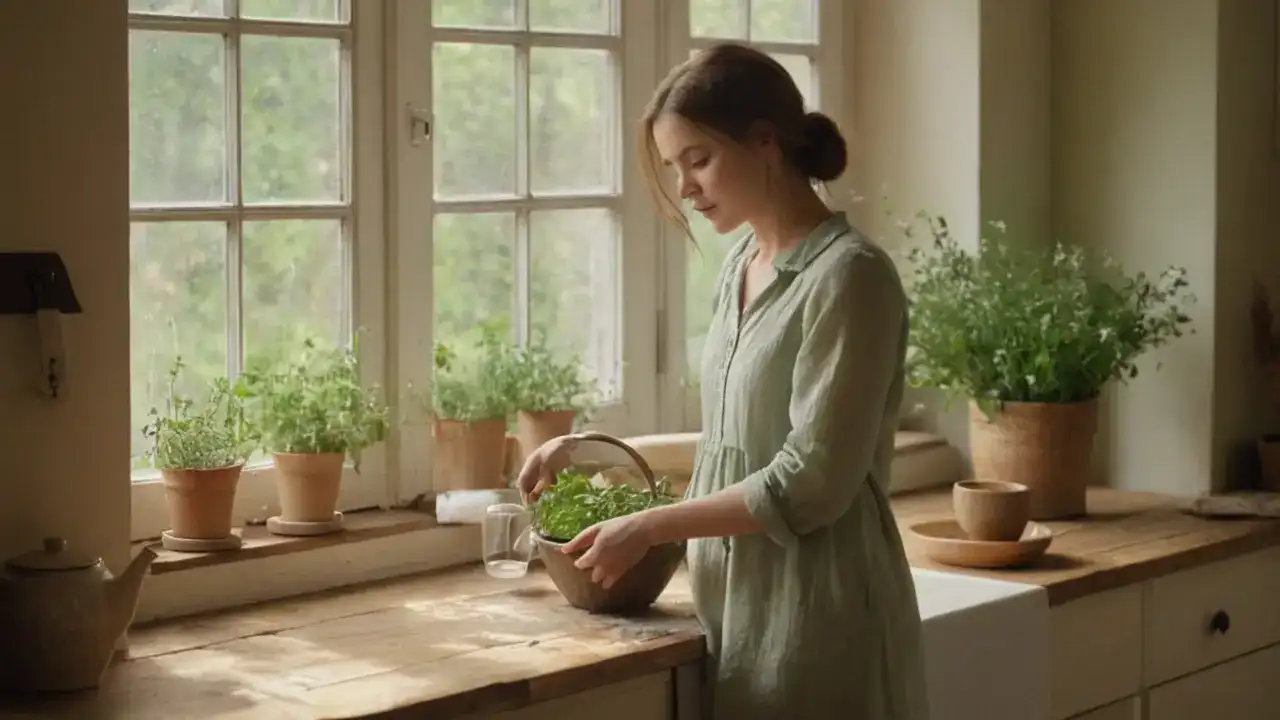 Luz cálida ilumina cocina rural serena