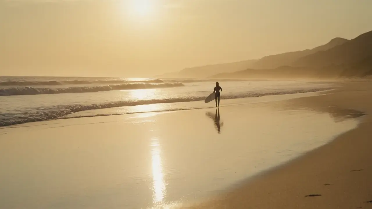 Playa brillante, surfista, movimiento y reflejos
