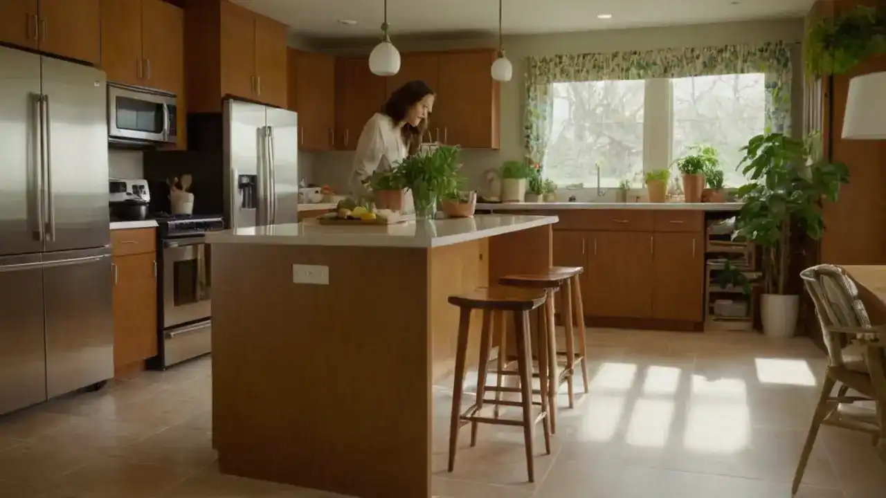 Cocina cálida, luz natural y ambiente relajado