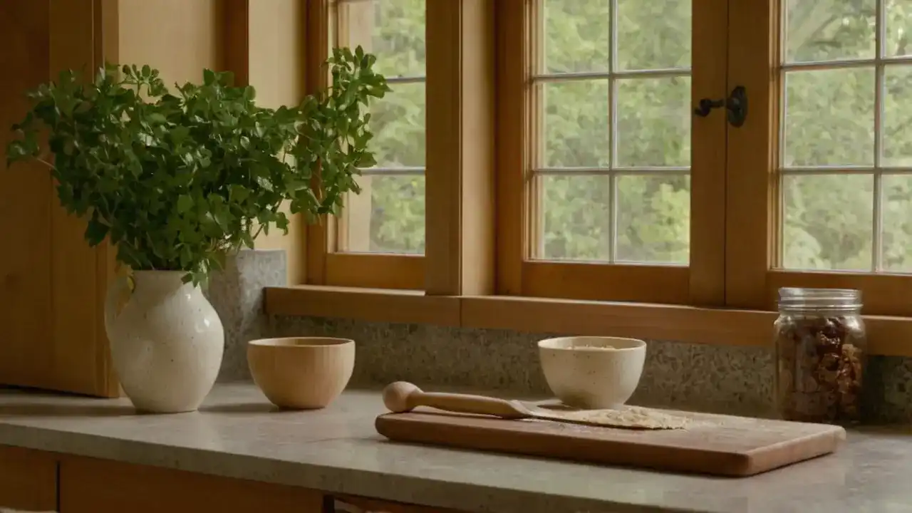 Cocina soleada, calma y detalles naturales