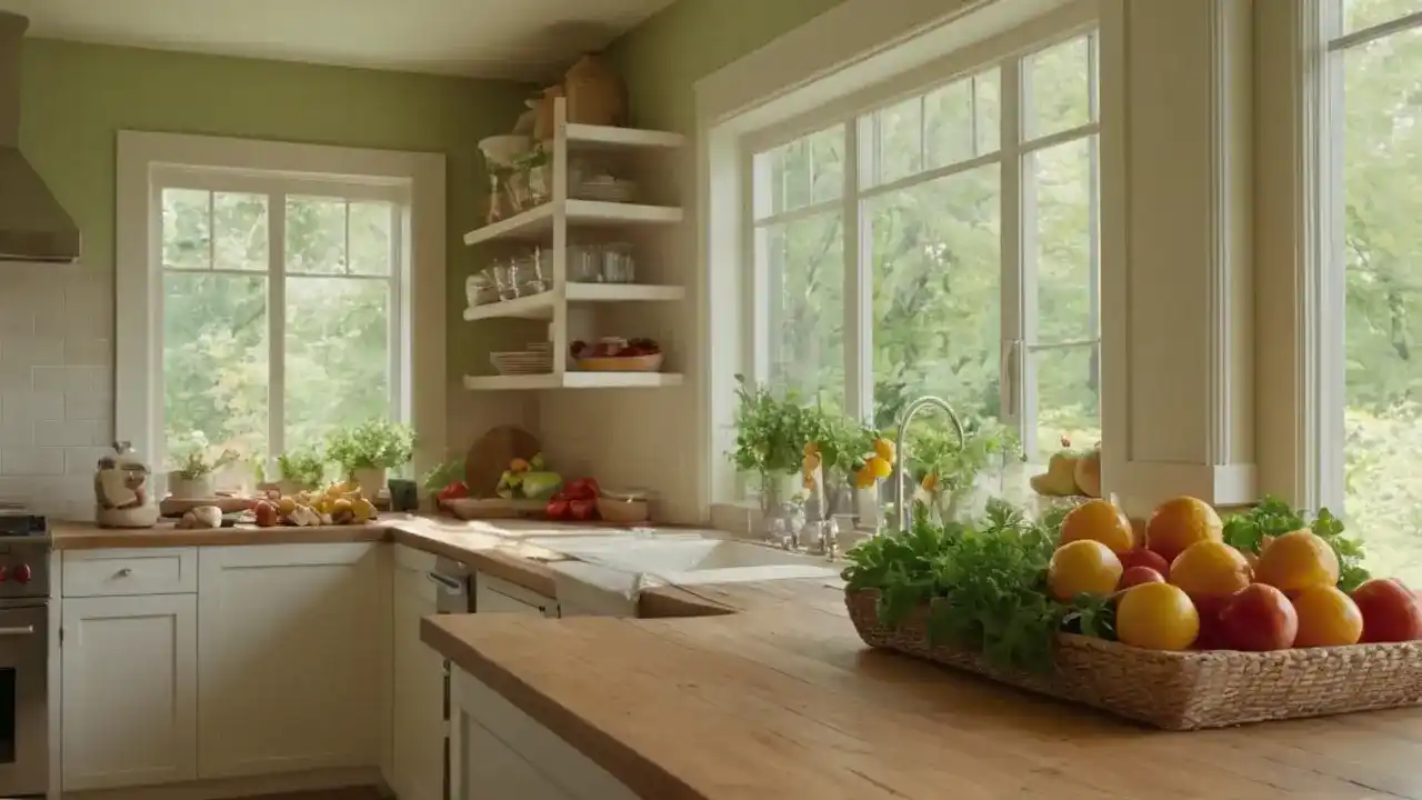 Luz cálida, cocina rústica y calma