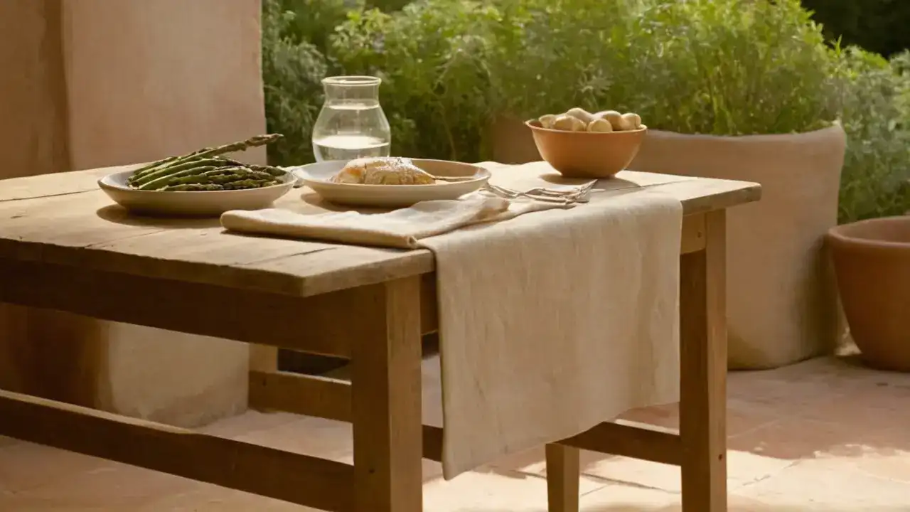 Iluminación cálida, mesa tranquila, comida sencilla