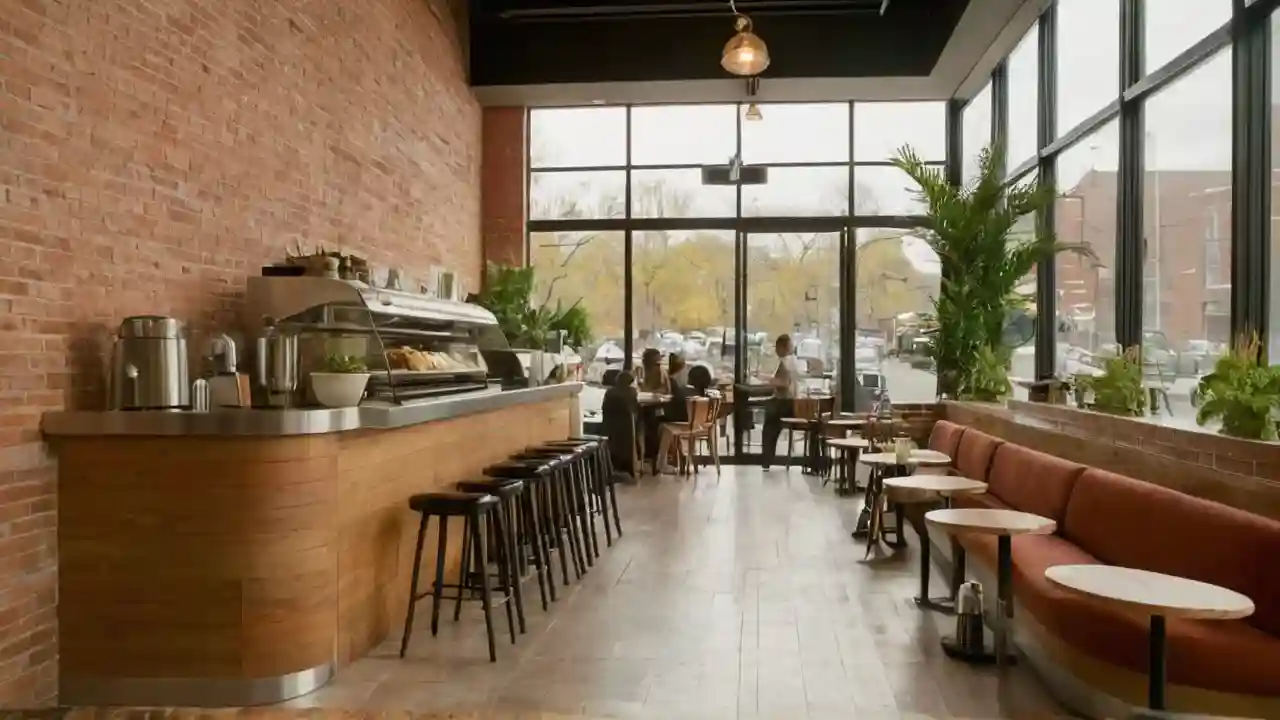 Café vibrante, luz natural y atmósfera cálida