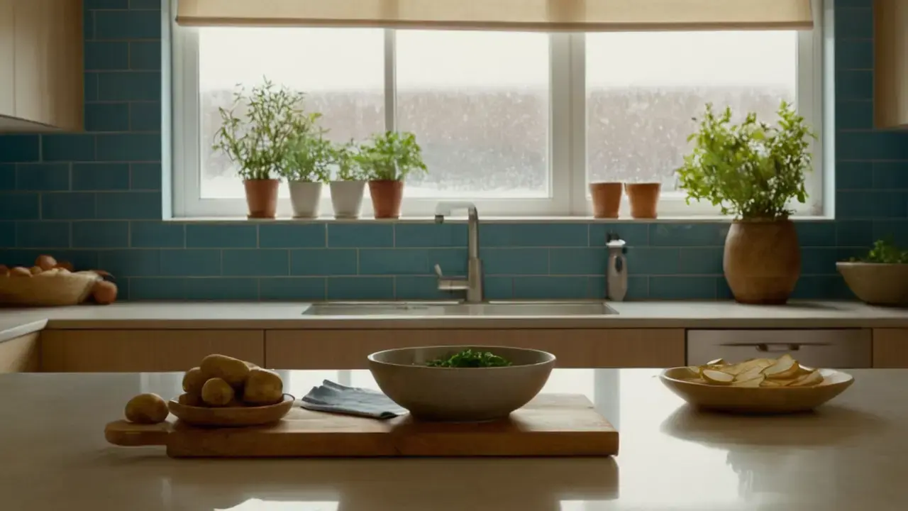 Luz cálida ilumina cocina íntima y tranquila