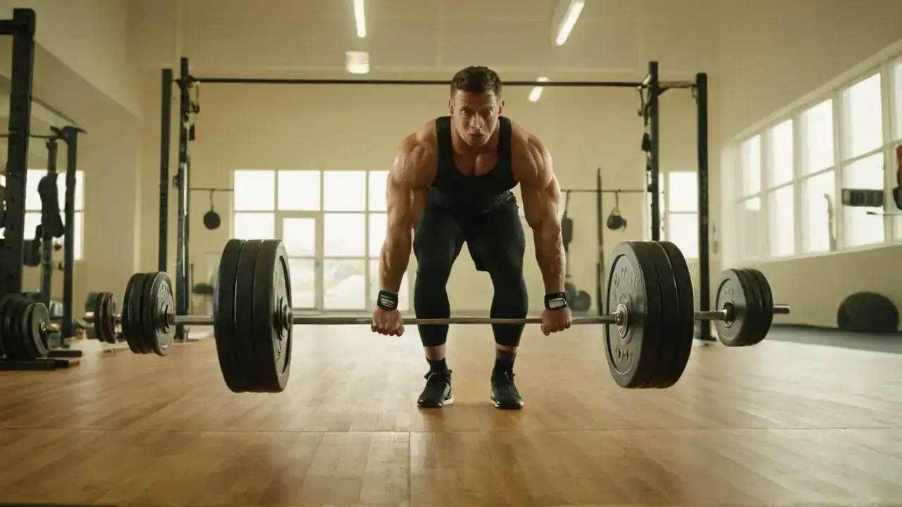 Atleta poderoso levanta barra en gimnasio