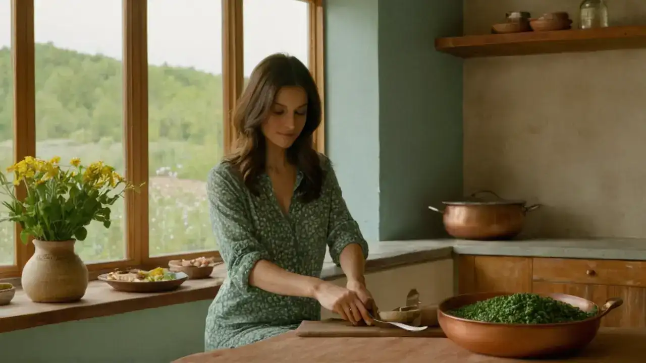 Luz cálida en cocina rústica, tranquilidad