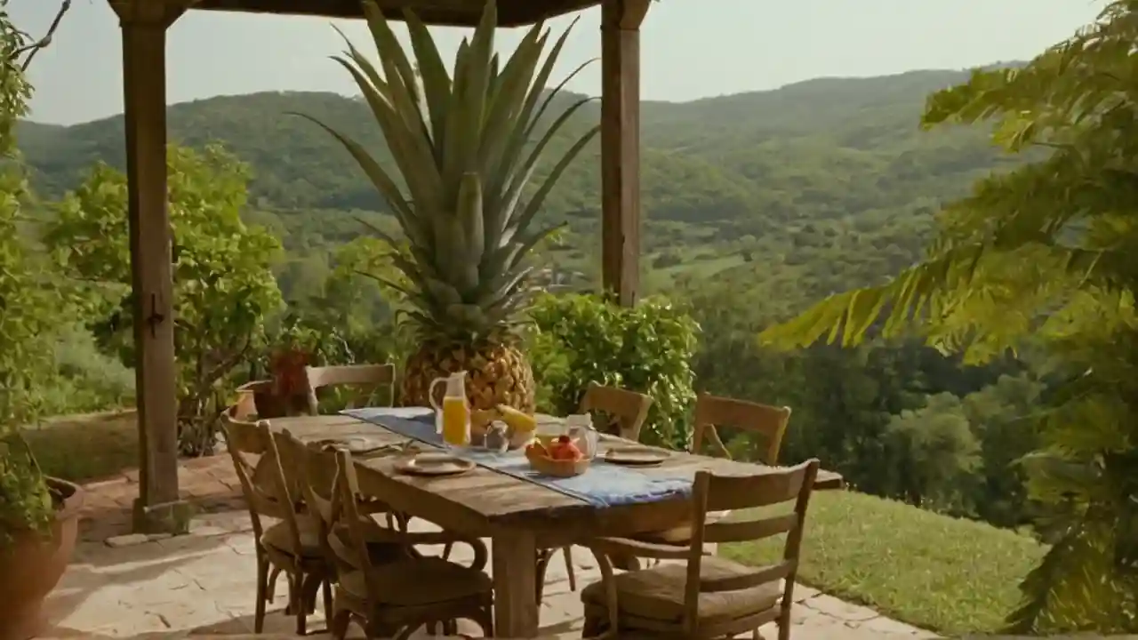 Sol cálido, patio relajante, sabor tropical