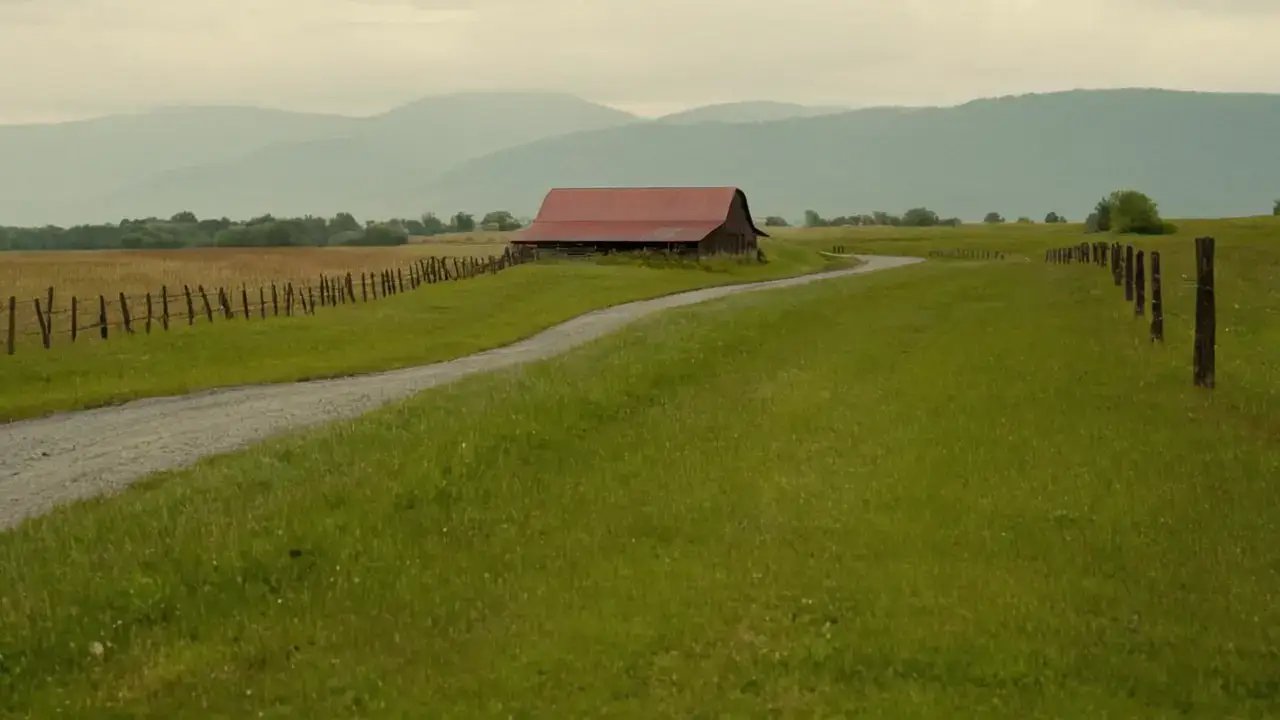 Corredor, paisaje rural, luz suave y distante